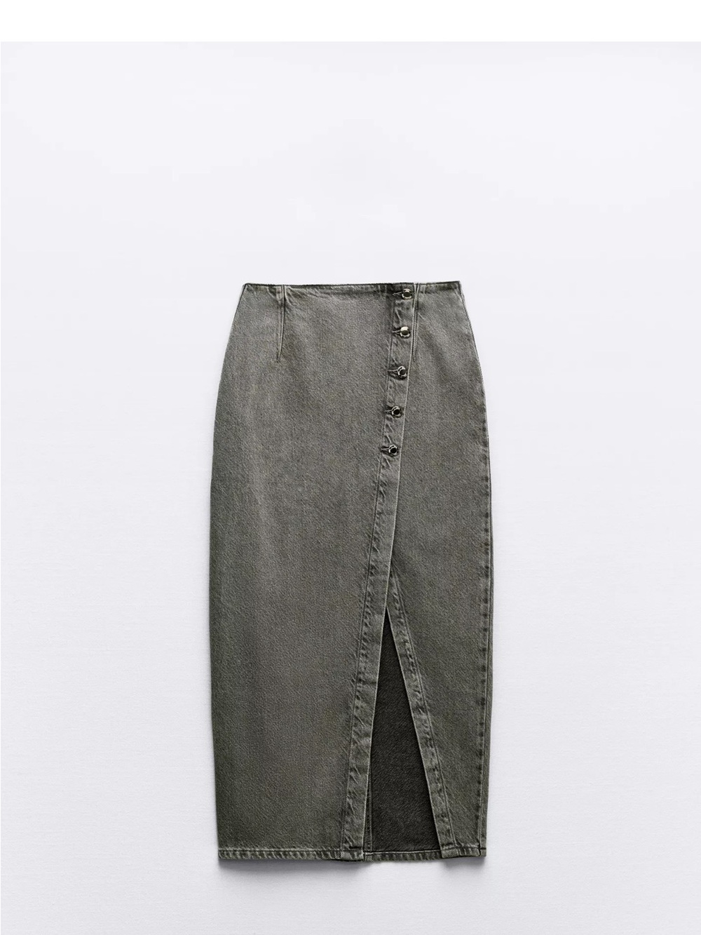 Zara Olive-Green Button-Front Midi Skirt with Slit